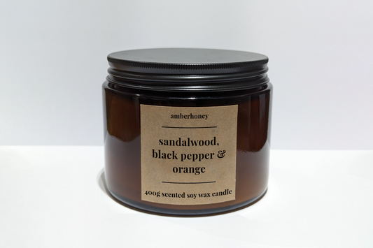 400g sandalwood, black pepper & orange soy wax candle