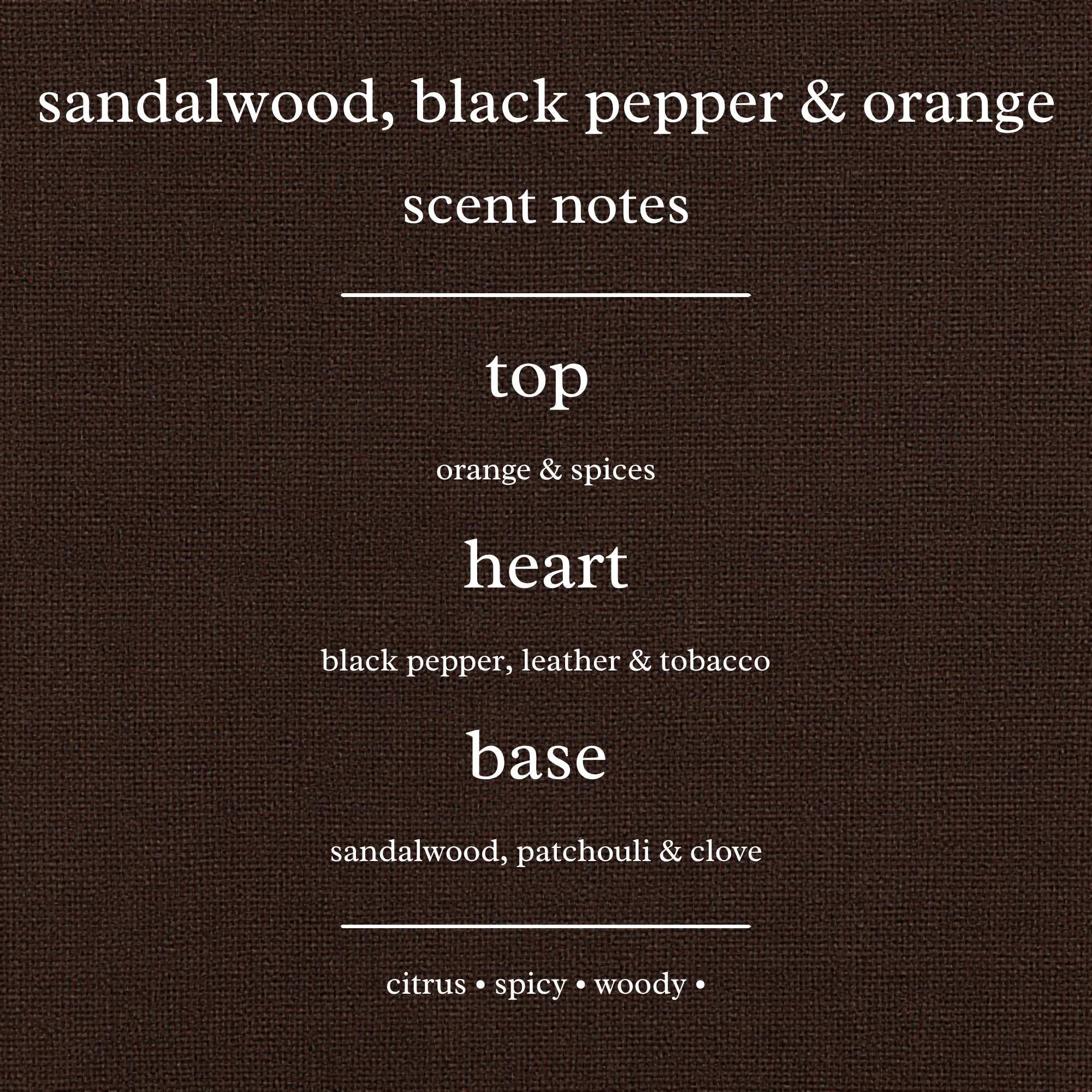 Scent Notes For Sandalwood, Black Pepper & Orange Candles & Wax Melts
