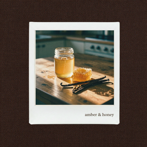 Polaroid-style scent cover image for Amber & Honey candles and wax melts, inspired by honey, vanilla and golden evening light